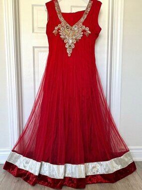 Red Embellished Indian Anarkali Style 3-Piece Set